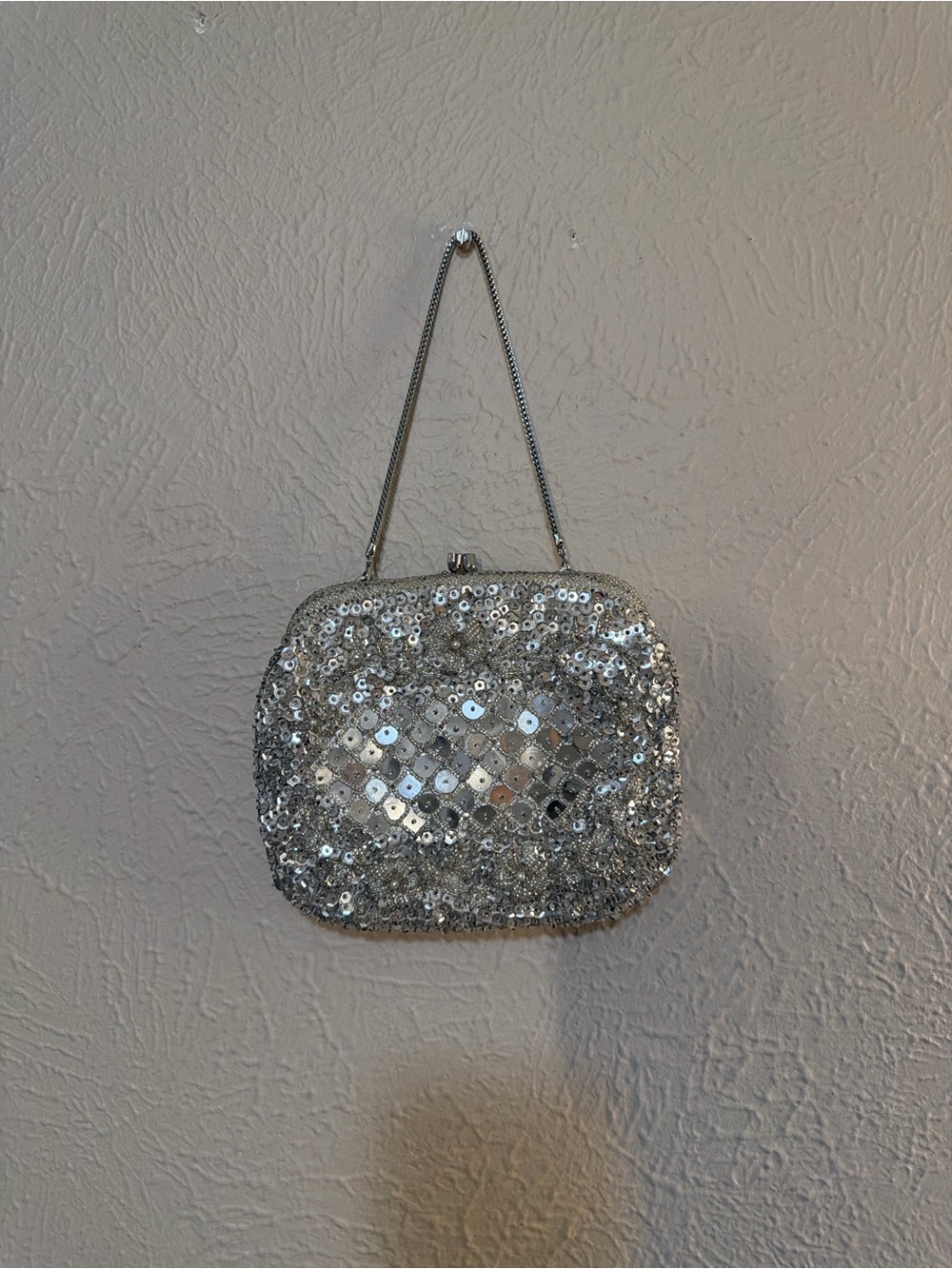 Silver Sequin Evening Clutch with Chain Handle